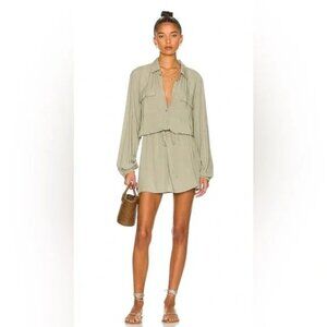 L*Space Olive Amelia Dress Size L Tie Waist Chest Pockets Long Sleeve Mini